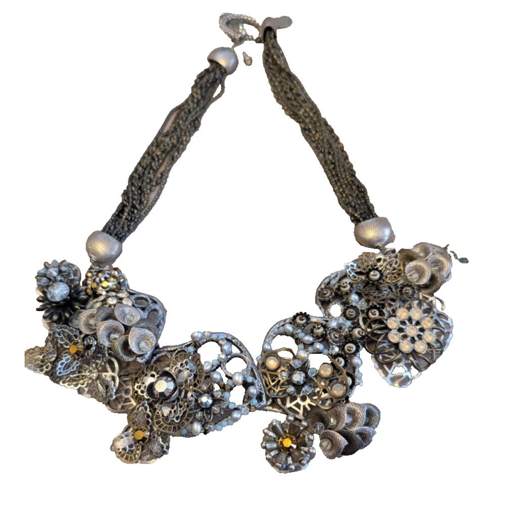 Vintage Signed Miriam Haskell Bib Necklace Silver Tone Assemblage Floral Runway